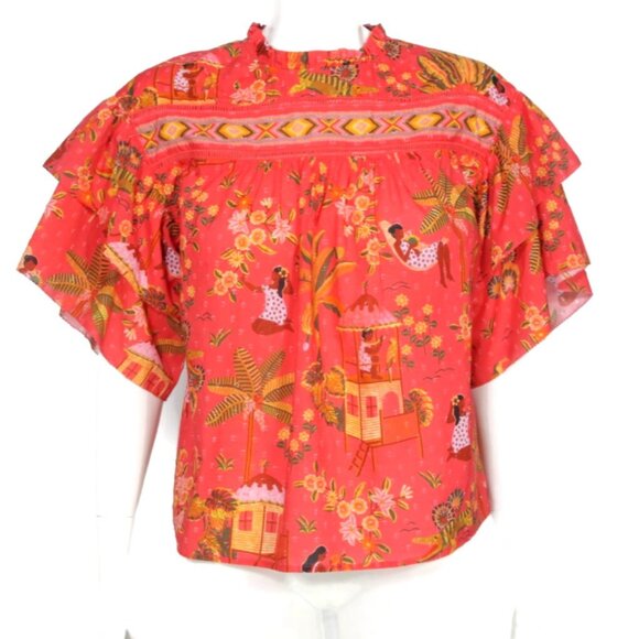 FARM Rio Secret Garden Organic Cotton Flutter Blouse Hawaiian Island sz S /994 - Picture 1 of 6